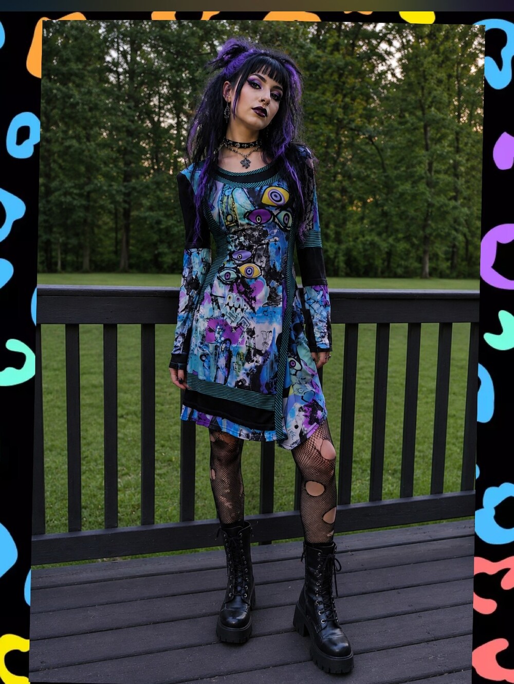 Sz LRG 💥 Papillon Graphic Evil Eye Monster Print Dress - Whimsigoth / Artsy